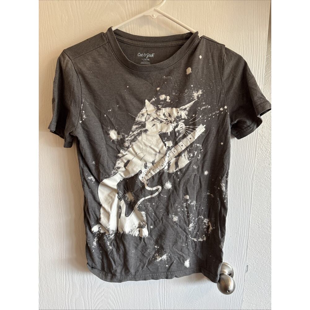Cat & Jack Gray Cat Playing Electric Guitar Tee Shirt Size L